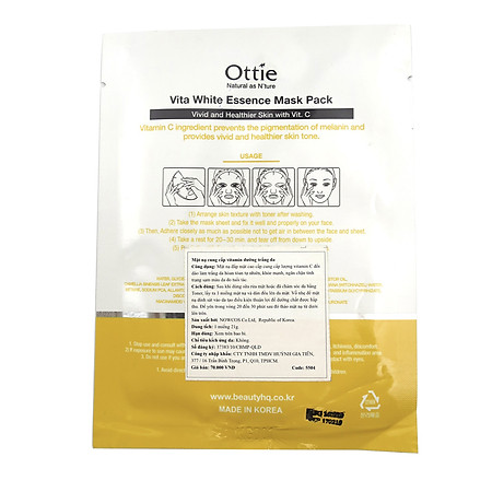 Mặt Nạ Cung Cấp Vitamin Dưỡng Trắng Da Ottie Vitamin White Essence Mask Pack - 5504 (Miếng 21g)