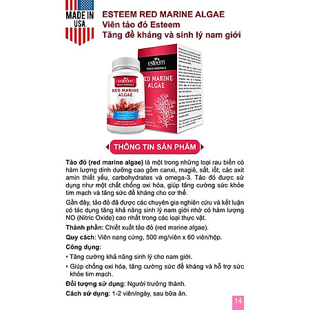 Thực Phẩm Chức Năng Tăng Sức Khỏe Sinh Lý Cho Nam Esteem Red Marine Algae (Hộp 60 Viên )