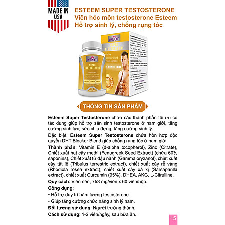 Thực Phẩm Chức Năng Làm Chậm Quá Trình Mãn Dục Ở Nam Giới Và Giúp Mọc Tóc Esteem Super Testosterone (Hộp 60 Viên )
