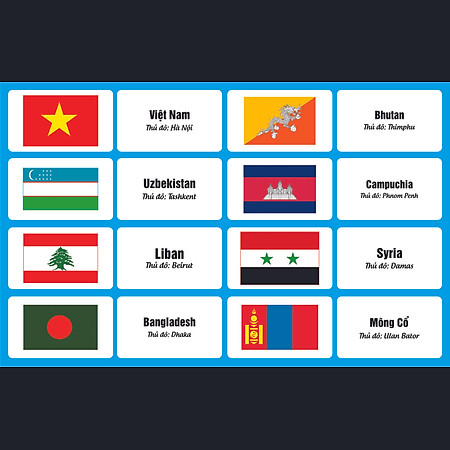 Flashcard cờ nước châu Á giúp trẻ em học tập về các nước châu Á một cách thú vị và hiệu quả. Với hình ảnh sống động và sự kết hợp giữa hình ảnh và chữ viết, trẻ sẽ dễ dàng nhớ và phân biệt được hơn 40 quốc gia trên lục địa xinh đẹp này.