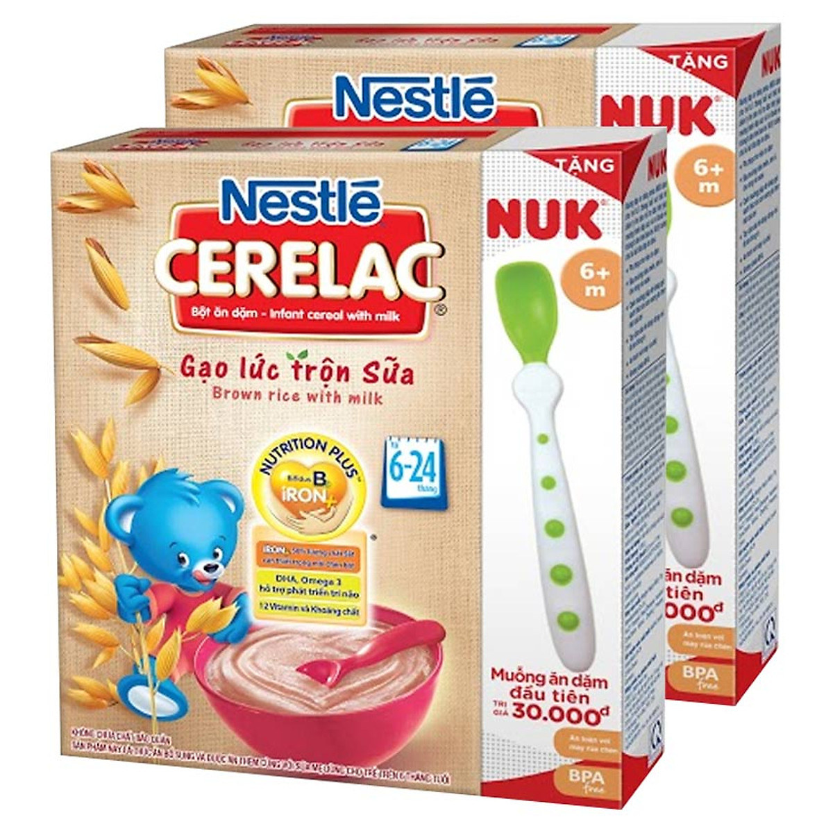Combo 2 Bột Ăn Dặm Nestle Cerelac - Gạo Lức Trộn Sữa (200g) Tặng Kèm Muỗng Ăn Dặm Nuk
