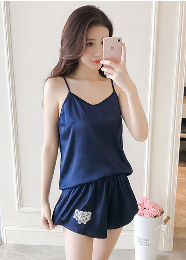 Bộ đồ ngủ nữ 2 dây lụa bóng cao cấp mềm mịn thoáng mát thêu hoa đùi quyến rũ JS-SX335