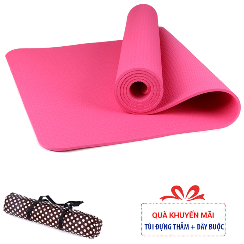 Thảm tập yoga TPE 1 lớp 8mm (Hồng) + Tặng túi đựng thảm và dây buộc thảm