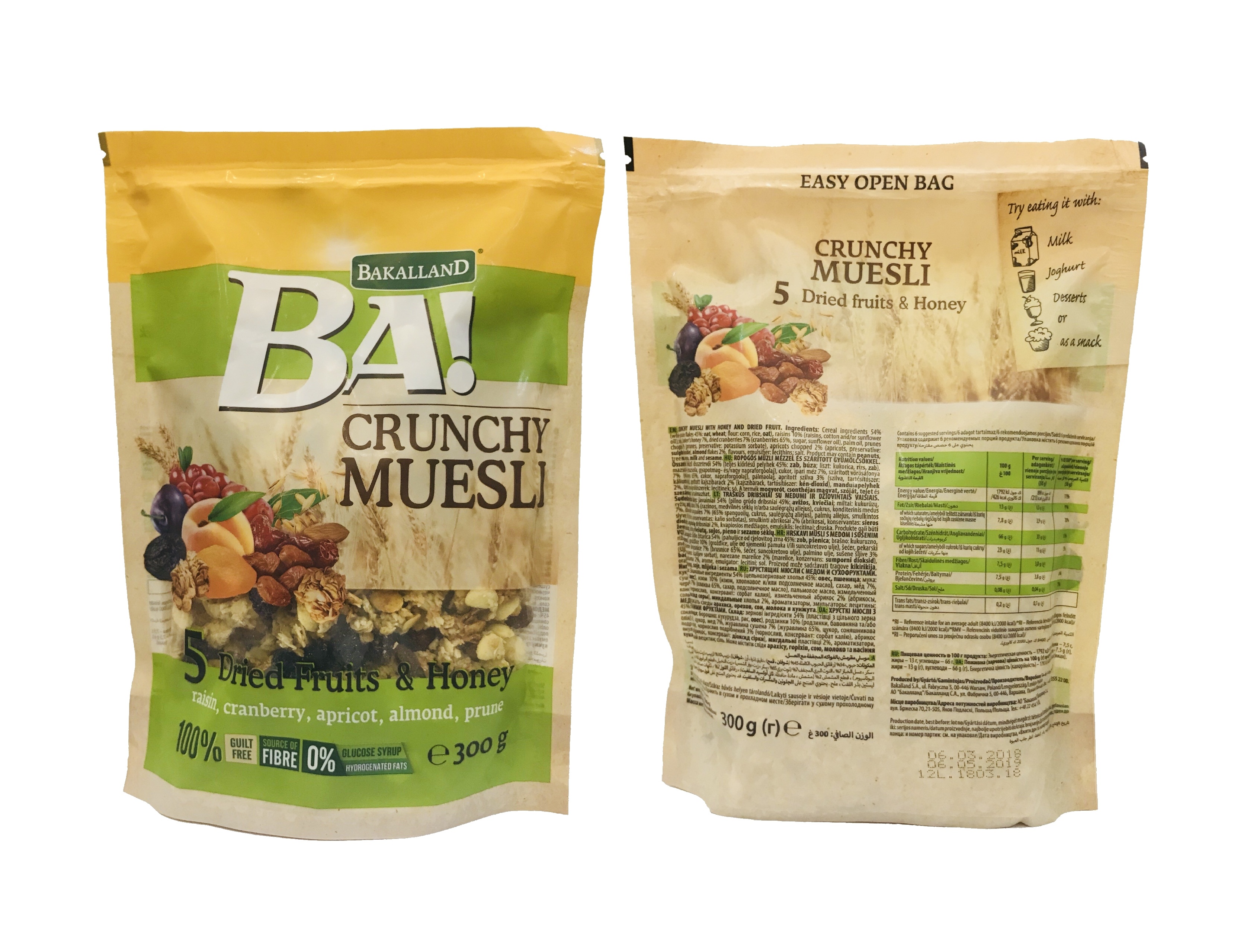 Ngũ cốc trái cây sấy giòn BAKALLAND Muesli nho khô 10%, nam việt quất 7%, mật ong 7%, mơ 2%, mận 3%, hạnh nhân 2% (300g)