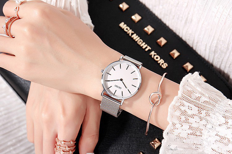 Đồng hồ nữ Guou dây thép lụa bạc thời trang JS-G6003