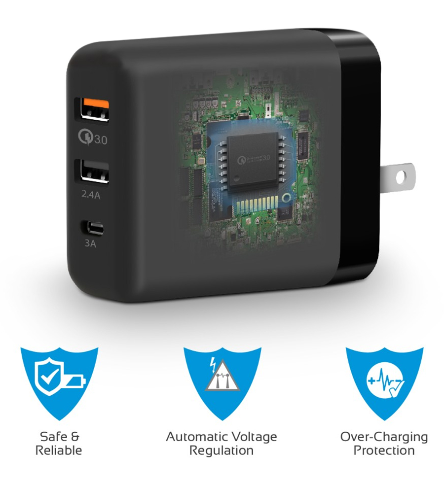 Adapter Sạc 3 Cổng Promate 30W Hỗ Trợ QC 3.0  POWERHUB-QC.BLK-US (Đen) - Hàng Chính Hãng