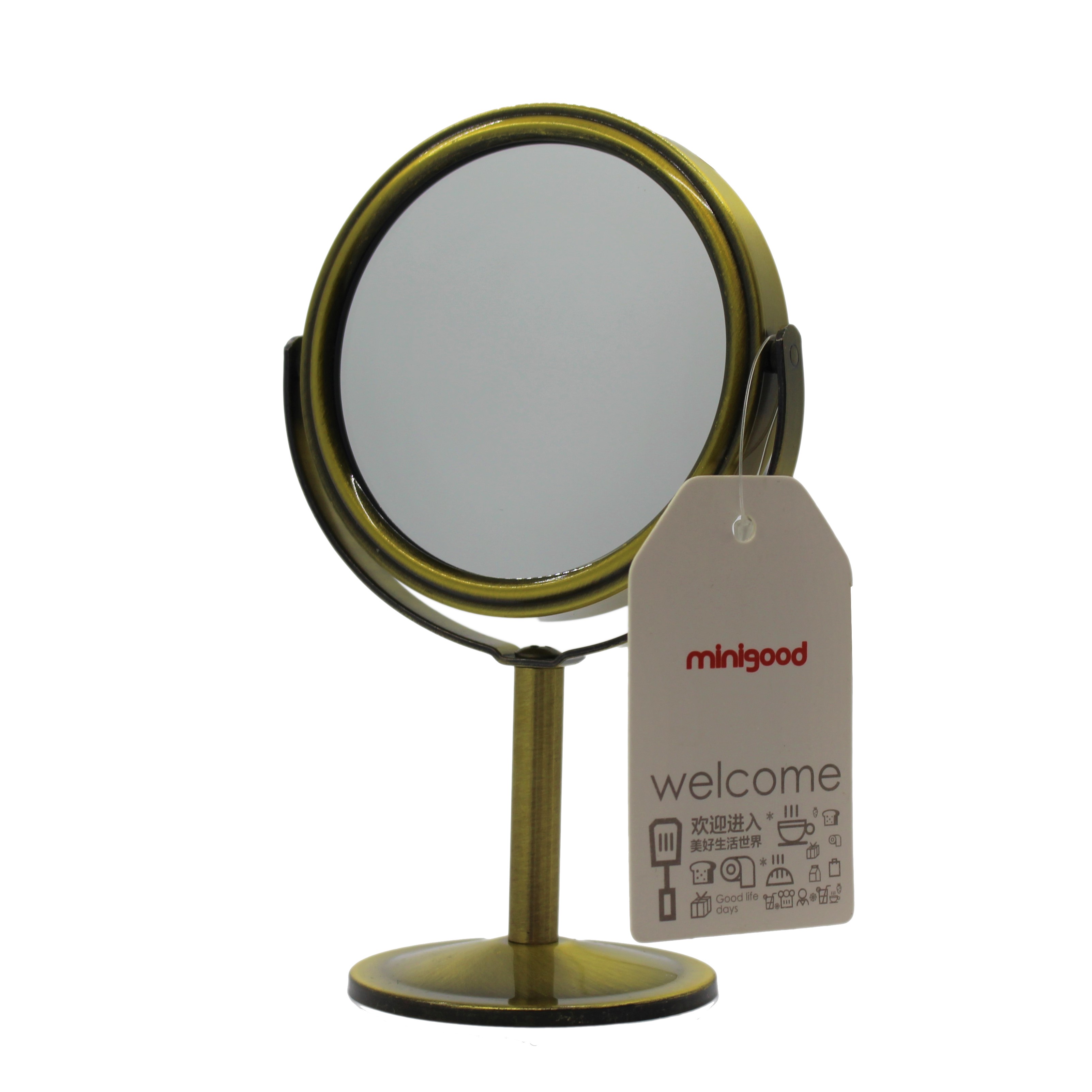 Gương trang điểm tròn màu đồng xoay 360 độ mini để bàn 2 mặt Minigood Hàn Quốc DMCTB080