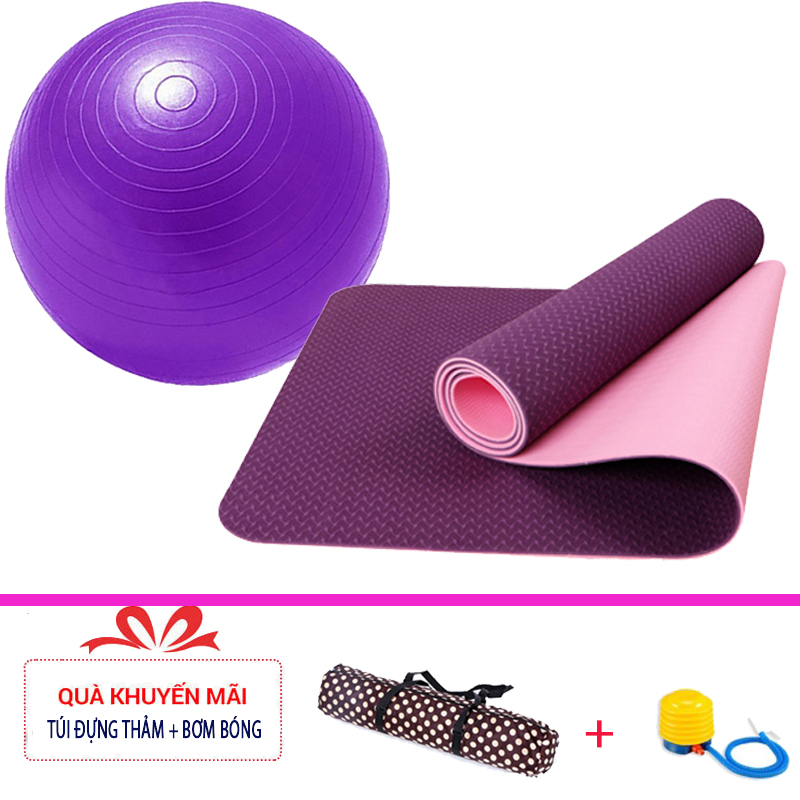 Combo Thảm tập yoga TPE 2 lớp 6mm + Bóng tập yoga da trơn (Tặng túi đựng thảm vs bơm bóng)