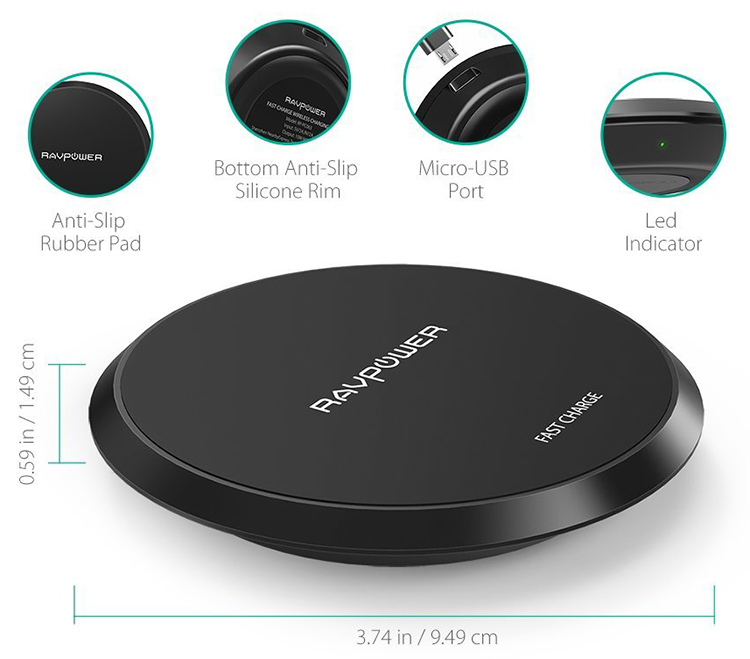 Đế Sạc Không Dây Ravpower 10W Chuẩn Qi PC063 - Hàng Chính Hãng - Đen