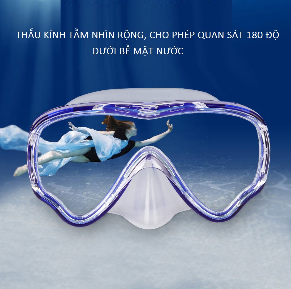 Kính lặn ống thở AMS, mắt KÍNH CƯỜNG LỰC + ống thở van 1 chiều ngăn nước cao cấp - DONGDONG