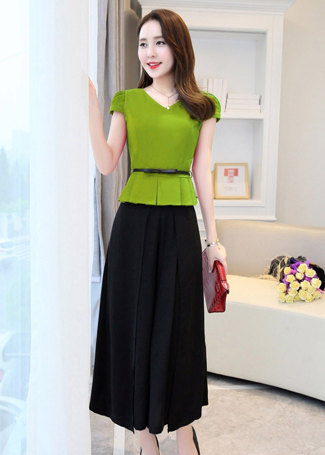 Set cổ tim quần ống rộng kèm thắt lưng S341XB xanh bơ