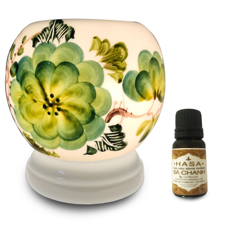 Đèn Xông Tinh Dầu Gốm Bát Tràng Hình Hoa Xanh + Tặng 01 Lọ Tinh Dầu Sả Chanh (10mL)