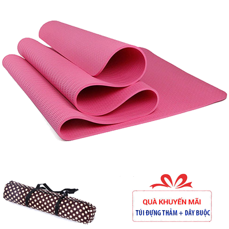Thảm tập yoga TPE 1 lớp 6mm (Hồng) + Tặng túi đựng thảm và dây buộc thảm
