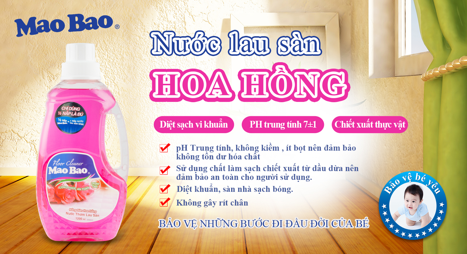 Combo 01 chai nước thơm lau sàn Mao Bao B1200ml + 01 túi nước thơm lau sàn Mao Bao R600ml - Hương hoa hồng