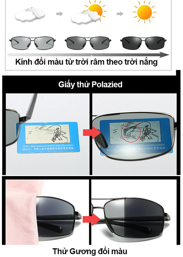 Kính Mát Phân Cực Gương Thay Đổi Ánh Sáng Unisex Minh Tâm MT8177