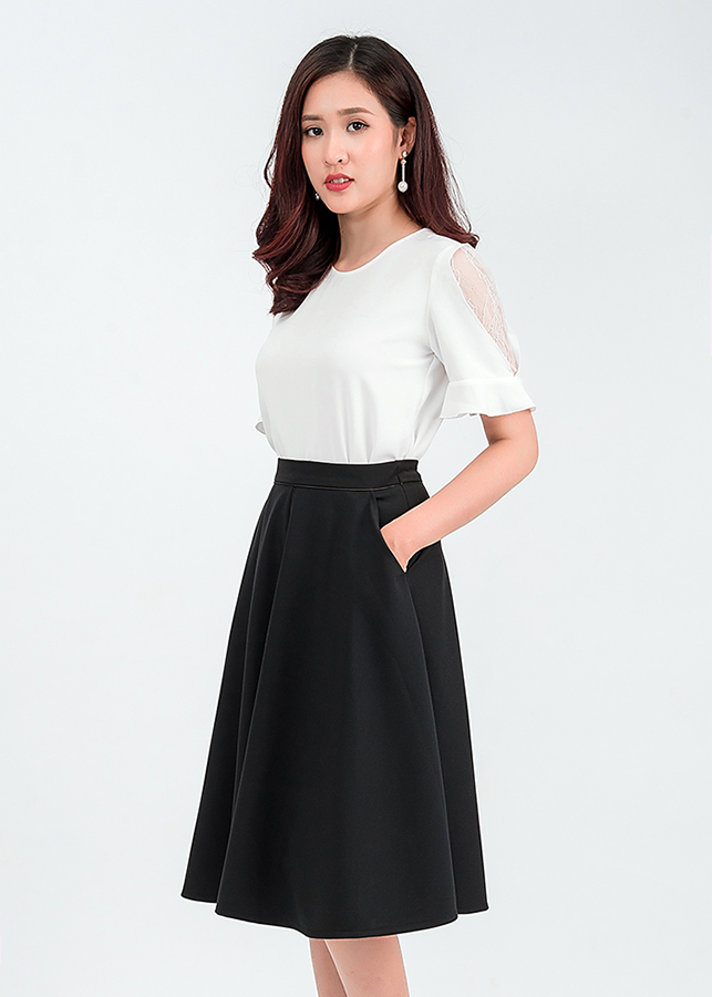 Set áo sơ mi tay phối ren chân váy midi 50401-48202