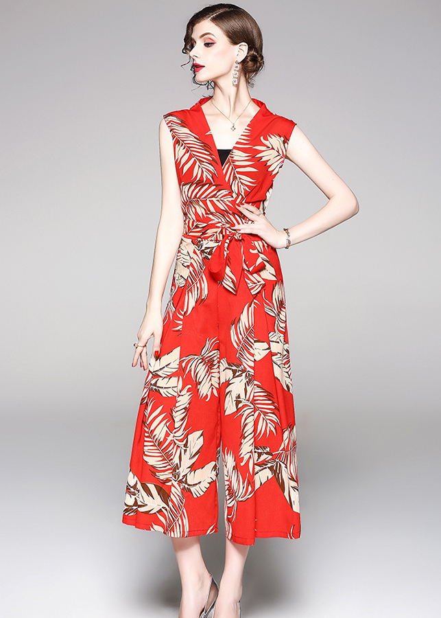 Jumpsuit cổ v đắp chéo in họa tiết lá S3032