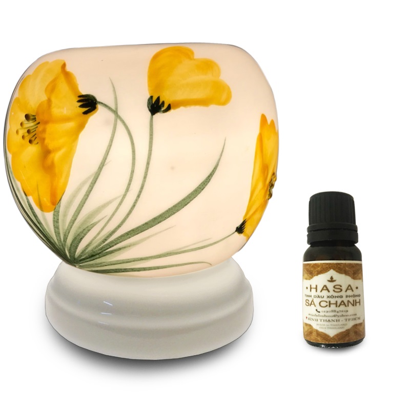 Đèn Xông Tinh Dầu Gốm Bát Tràng Cát Tường Vàng + Tặng 01 Lọ Tinh Dầu Sả Chanh (10mL)