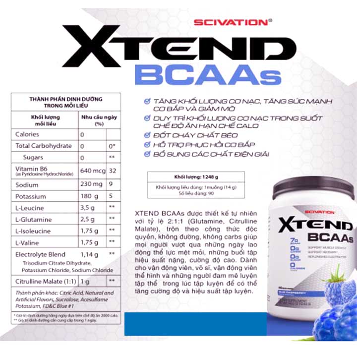 Combo XTEND BCAA của Scivation hương Blue Raspberry hộp 90 lần dùng 1248g & Bình lắc 600 ml
