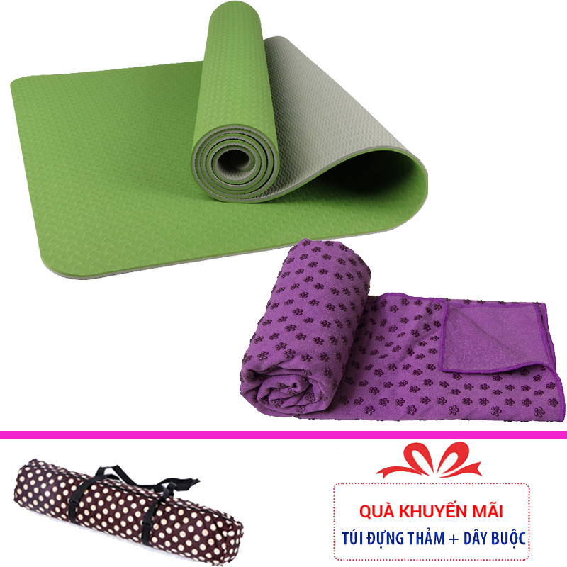 Combo Thảm tập yoga TPE 6mm 2 lớp + Khăn trải thảm hạt nổi silicon (Tặng túi đựng thảm vs dây buộc)