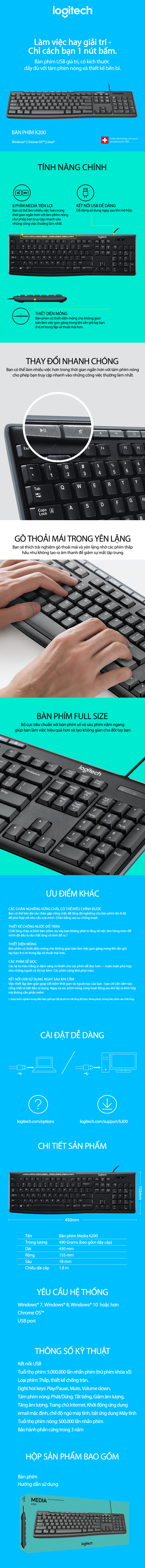 Bàn Phím Có Dây Logitech K200 Full-Size - Hàng Chính Hãng