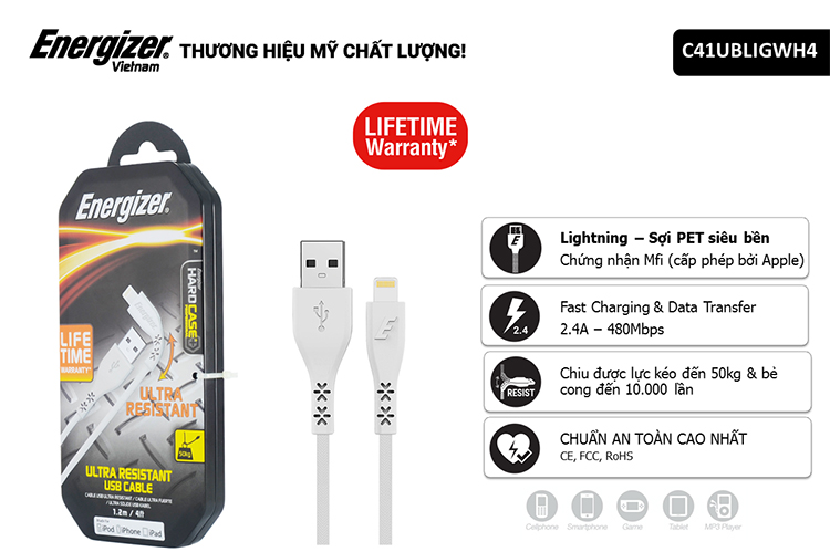 Cáp Lightning LW Energizer 1.2m- C41UBLIG