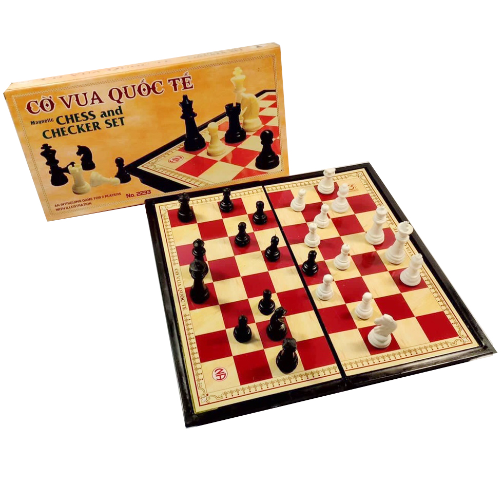 Bộ cờ vua nam châm 25cm x 25cm hộp vàng bàn đen đỏ