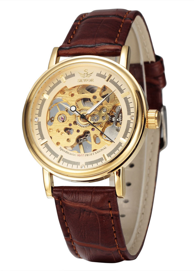 Đồng hồ cơ nam SEWOR dây da lộ máy mặt trước - mặt sau JS-SQ30