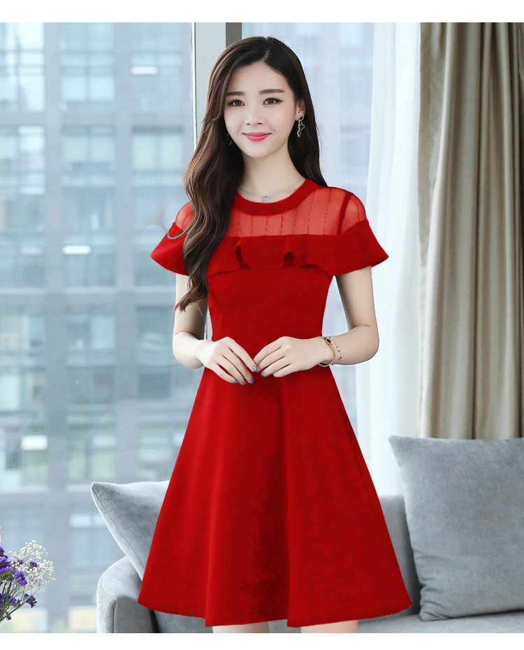 Đầm xòe bèo phối lưới D398D màu đỏ