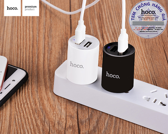 Củ sạc điện thoại Cao Cấp, Có Đèn Báo, 2 cổng USB HoCo C14US (Đen)