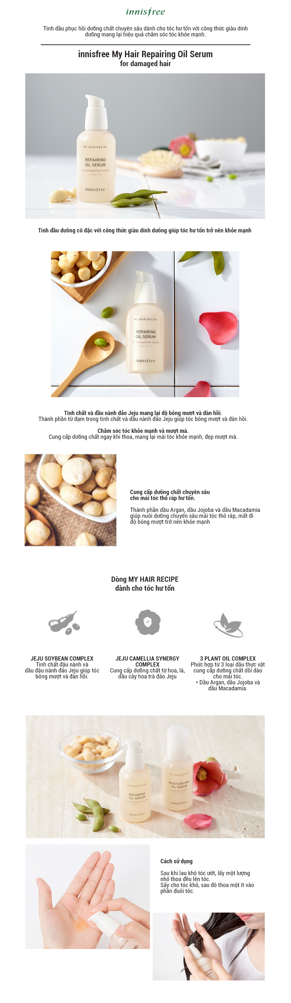 Dầu Dưỡng Phục Hồi Dành Cho Tóc Hư Tổn Innisfree My Hair Recipe Repairing Oil Serum For Damaged Hair (70ml)