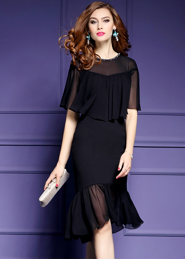 Đầm ôm phối voan kim sa D396