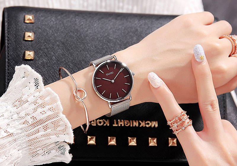 Đồng hồ nữ Guou dây thép lụa bạc thời trang JS-G6003