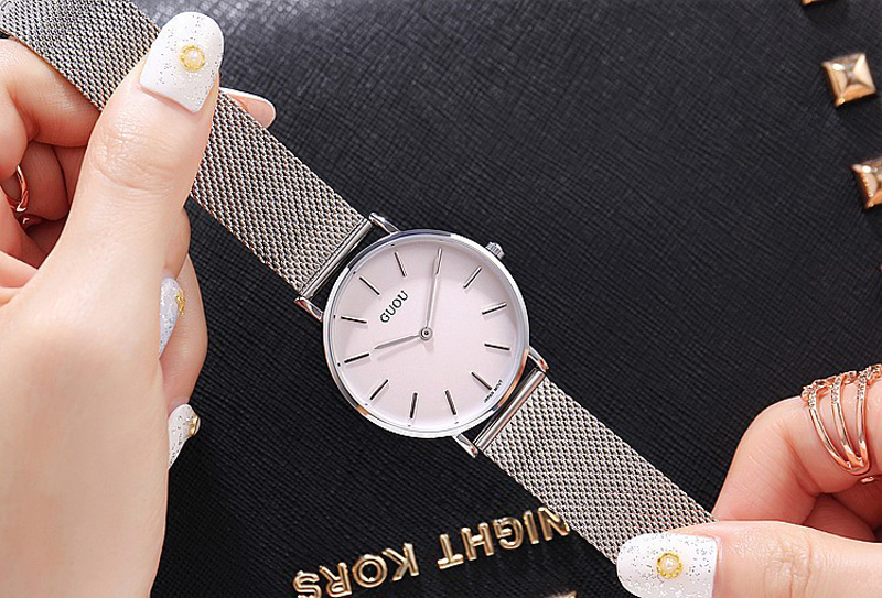 Đồng hồ nữ Guou dây thép lụa bạc thời trang JS-G6003