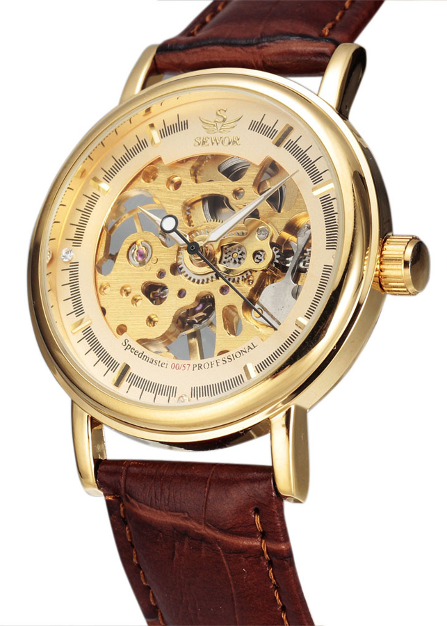 Đồng hồ cơ nam SEWOR dây da lộ máy mặt trước - mặt sau JS-SQ30