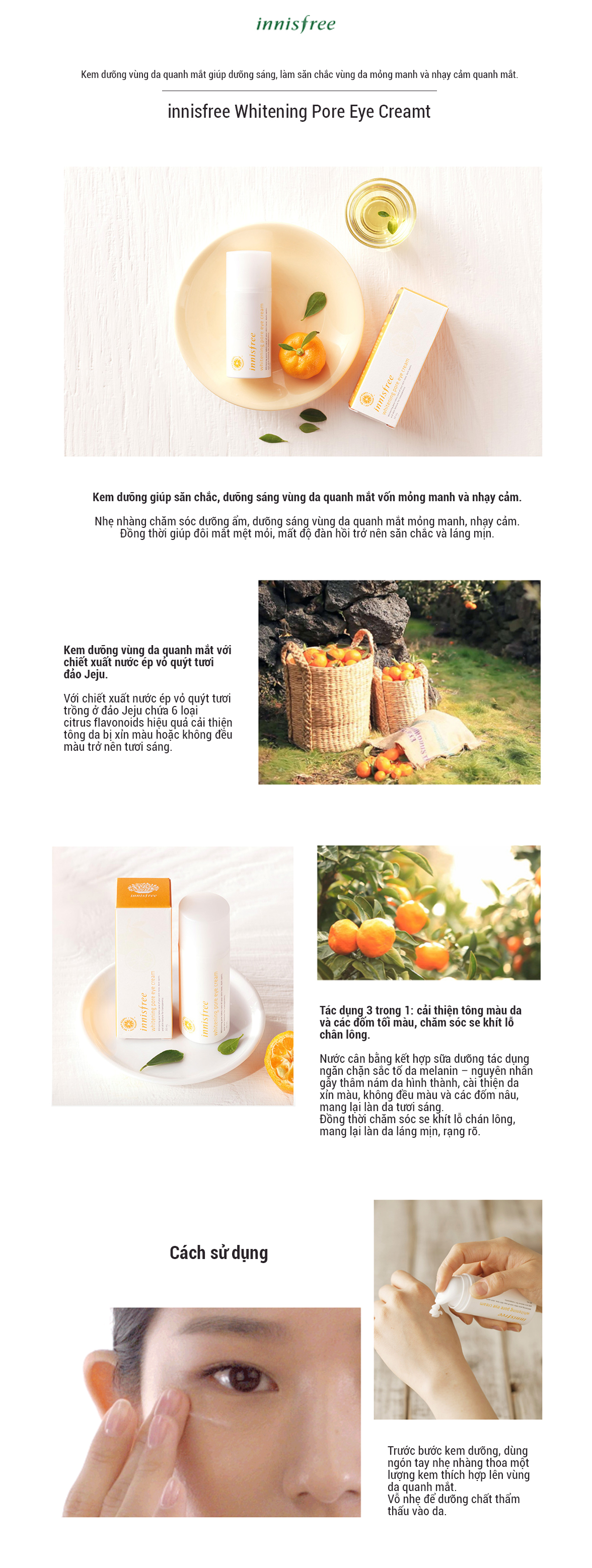 Kem Dưỡng Làm Sáng Da Vùng Mắt Từ Vỏ Quýt Tươi Jeju Innisfree Whitening Pore Eye Cream (30ml)