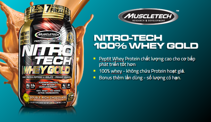 Combo Sữa tăng cơ giảm mỡ Nitro Tech 100% Whey Gold của Muscle tech hương socola hộp 76 lần dùng & Bình lắc 600 ml & Áo Gym size M