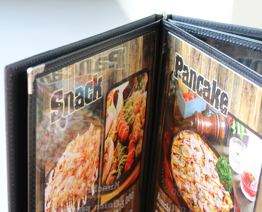 Bộ 3 bìa thực đơn 6 trang Urimenu trong suốt A4 viền may 2 kim màu đen cho nhà hàng, quán cafe