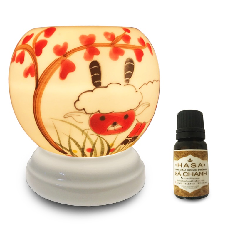 Đèn Xông Tinh Dầu Gốm Bát Tràng Đôi Cừu + Tặng 01 Lọ Tinh Dầu Sả Chanh (10mL)
