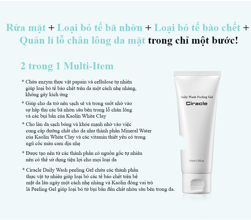 Gel rửa mặt tẩy tế bào chết loại bỏ mụn đầu đen, kiểm soát nhờn Ciracle Pore Control Daily Wash Peeling Gel 100ml