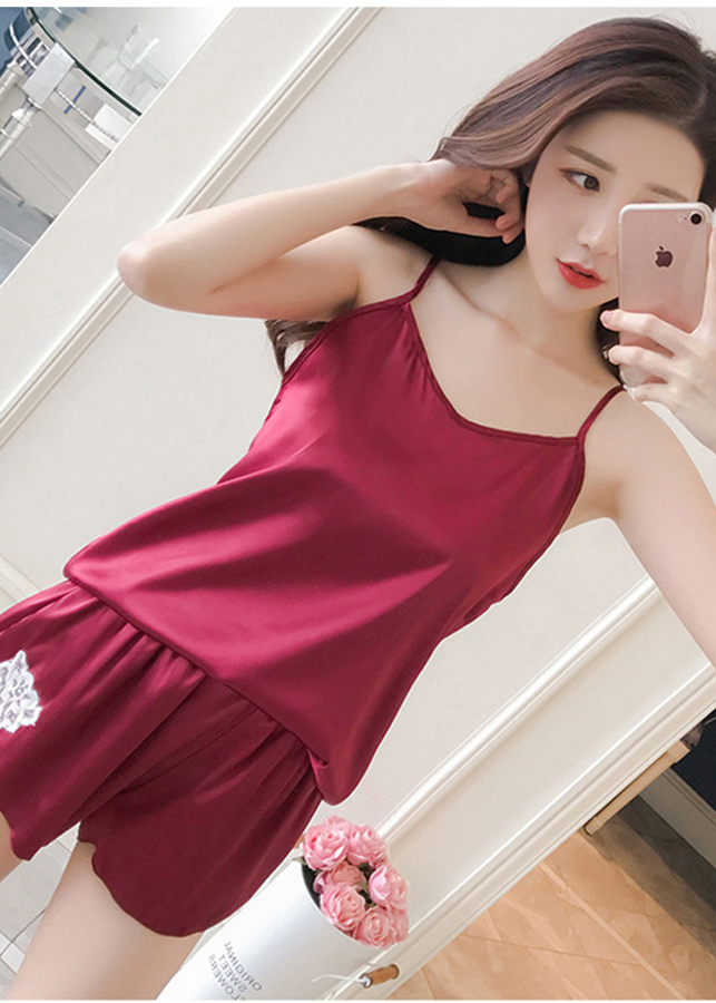 Bộ đồ ngủ nữ 2 dây lụa bóng cao cấp mềm mịn thoáng mát thêu hoa đùi quyến rũ JS-SX335