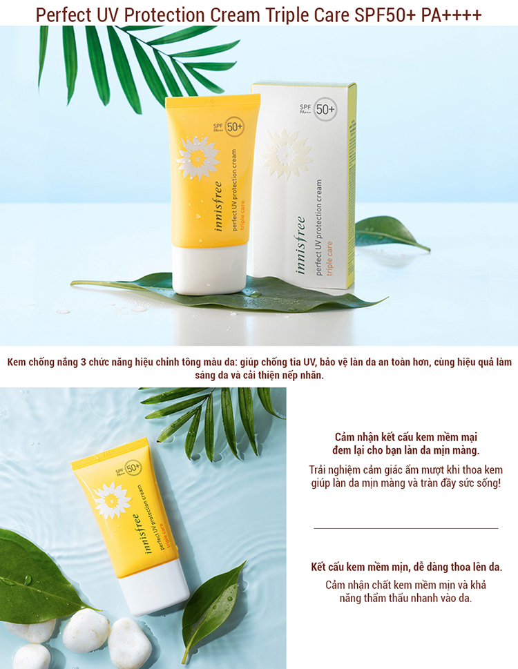 Kem Chống Nắng Toàn Diện Đa Chức Năng Innisfree Perfect Uv Protection Cream Triple Care SPF50+/PA++++ 50ml (New) +  Tặng 1 Mặt Nạ Rửa Đất Sét Làm Sáng Da Innisfree Volcanic Color Clay Mask (Yellow) 10ml + 1 Gel Dưỡng Ẩm Nha Đam Innifree Aloe Revital Sooth