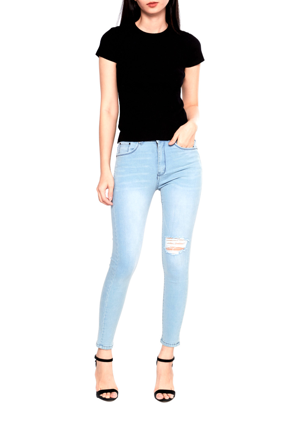 Quần Jean Nữ Skinny Dài Rách Xanh Sáng - AAA JEANS