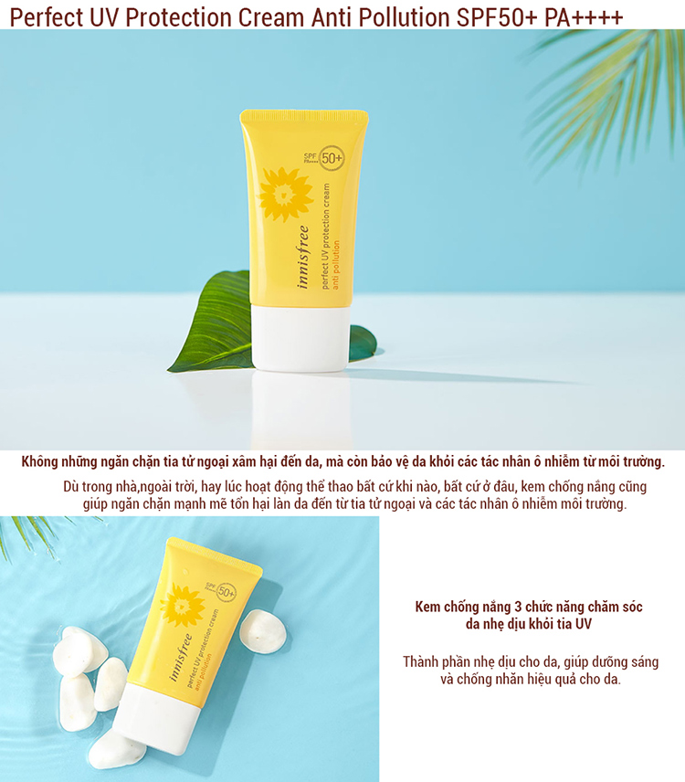 Kem Chống Nắng Toàn Diện Bảo Vệ Da Trước Tác Nhân Ô Nhiễm Innisfree Perfect UV Protection Cream Anti Pollution SPF50+/PA++++ (50ml) +  Tặng 1 Mặt Nạ Rửa Đất Sét Làm Sáng Da Innisfree Volcanic Color Clay Mask (Yellow) 10ml + 1 Gel Dưỡng Ẩm Nha Đam Innifree