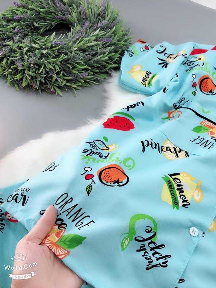Đồ Mặc Nhà Ngắn Pijama Thái Vải Kate Họa Tiết Chuối Pijama240604 - Xanh Phối Trắng