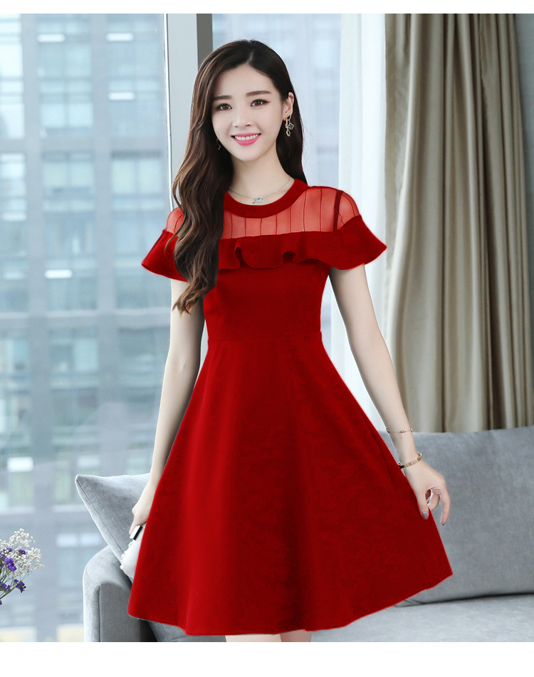Đầm xòe bèo phối lưới D398D màu đỏ