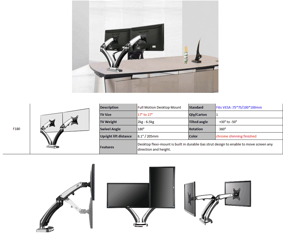 Giá treo 2 màn hình máy tính nhập khẩu F180 cho 17-27inch, tích hợp cổng USB