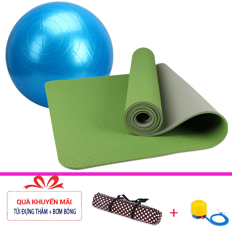 Combo Thảm tập yoga TPE 2 lớp 6mm + Bóng tập yoga da trơn (Tặng túi đựng thảm vs bơm bóng)