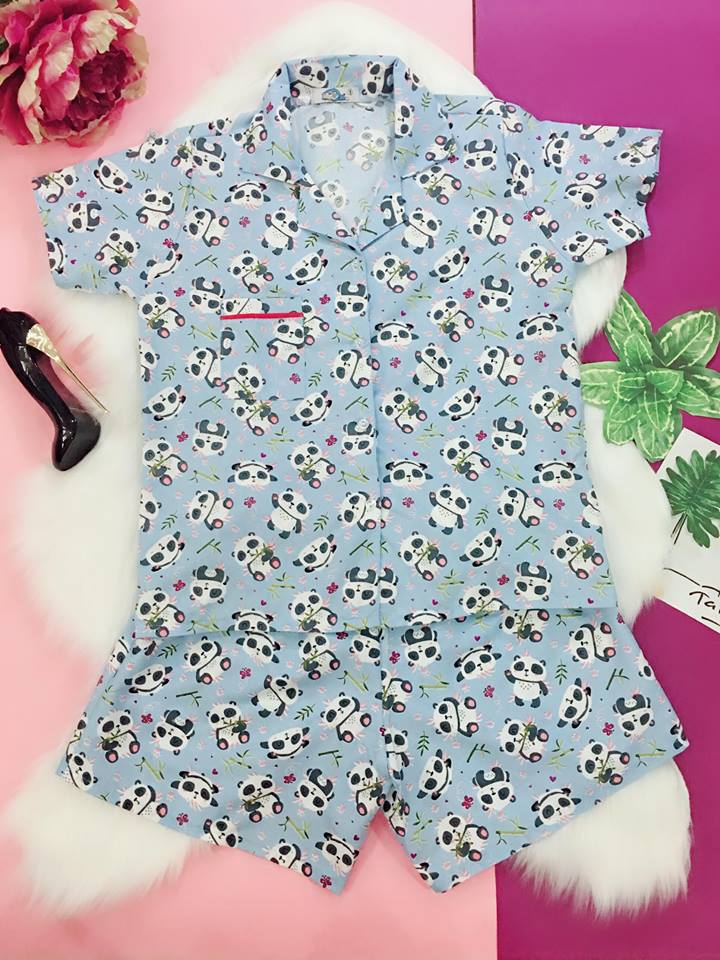 Bộ Ngắn Mặc Nhà Pijama Thái Vải Kate Họa Tiết Gấu Trúc Pijama1807 - Xanh Dương