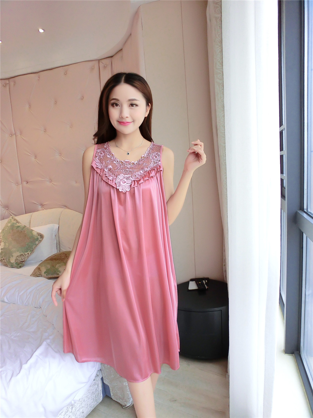 Đầm (Váy) ngủ nữ ren cổ 2 dây phi lụa cao cấp mềm mại thoáng mát JS-SX222